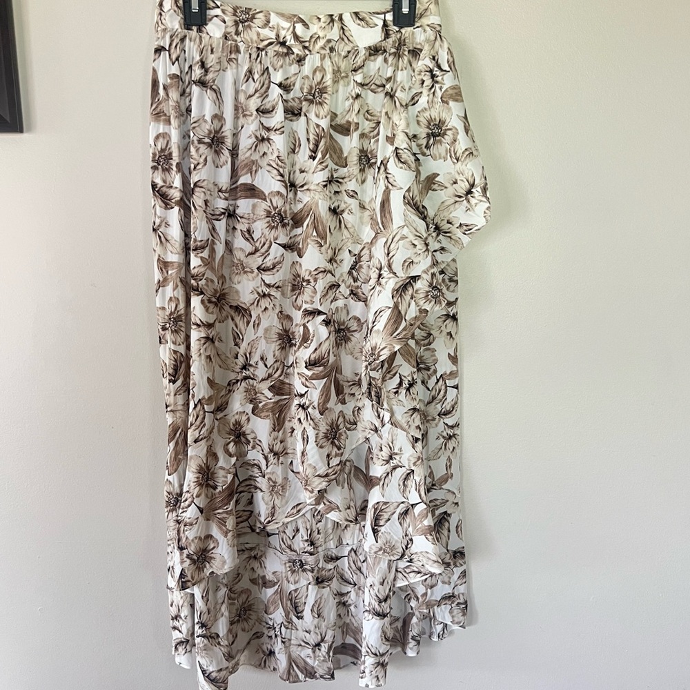 J.Jill Women's Size S Silky Floral Faux Wrap Hi-Low Midi Skirt Neutral